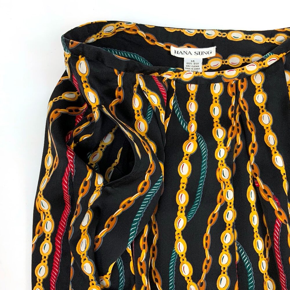 Hana Sung Midi Pleated Silk Skirt Chain Jewel Print Sz 12-10 - Picture 10 of 16